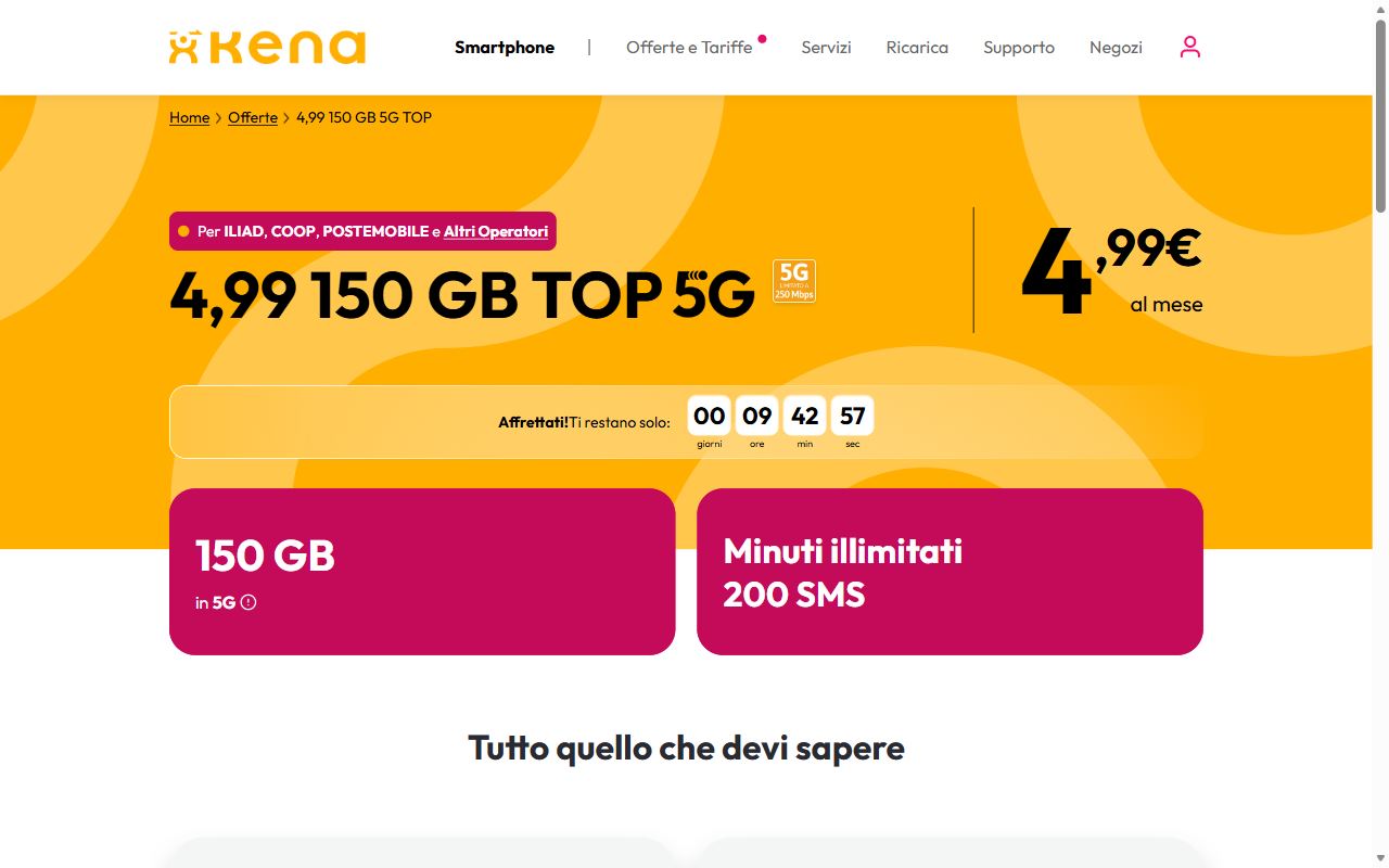 Pagina ufficiale Kena 4,99 150 GB TOP 5G per chi arriva da iliad, CoopVoce, PosteMobile e altri operatori, a 4,99 euro al mese