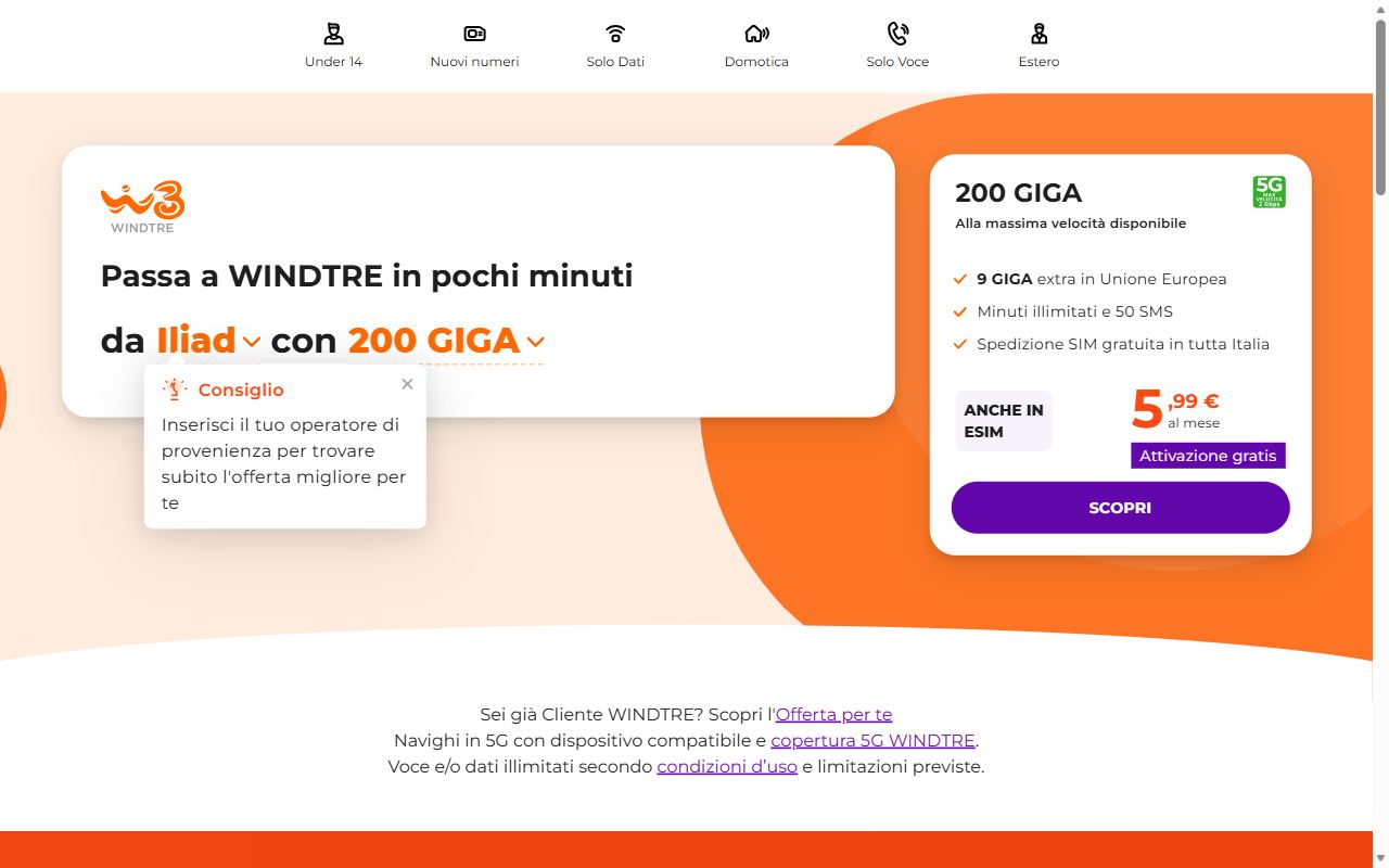 Pagina ufficiale WINDTRE Passa a WINDTRE da iliad con 200 Giga a 5,99 euro al mese e attivazione gratis