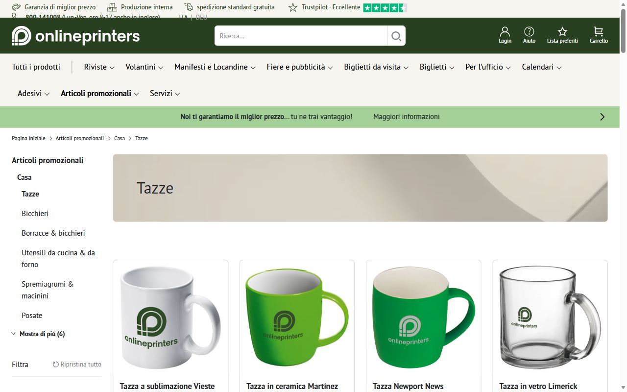 La categoria tazze di Onlineprinters: tazze a sublimazione, in ceramica colorata e in vetro per articoli promozionali