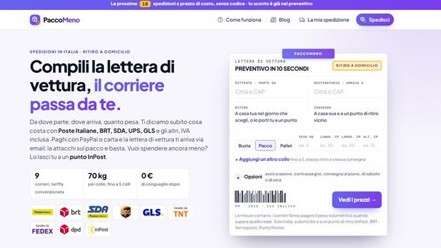 Homepage di Paccomeno con il modulo per il preventivo di spedizione