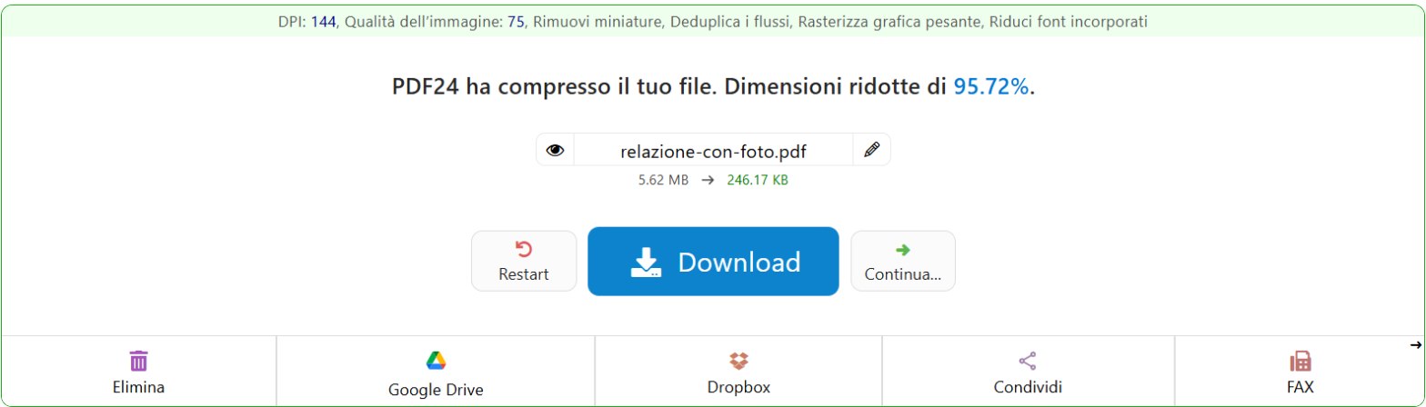 Risultato della compressione su PDF24: dimensioni ridotte del 95,72 per cento, da 5,62 MB a 246,17 KB