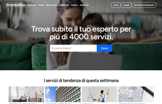 La home di ProntoPro con il campo Di cosa hai bisogno e la scritta più di 4000 servizi