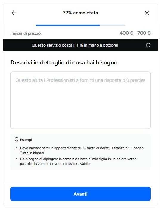 Il campo Descrivi in dettaglio di cosa hai bisogno su ProntoPro, con la fascia di prezzo scesa a 400-700 euro e due esempi di descrizione