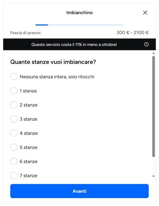 Prima domanda della richiesta Imbianchino su ProntoPro: quante stanze vuoi imbiancare, con fascia di prezzo da 300 a 2100 euro