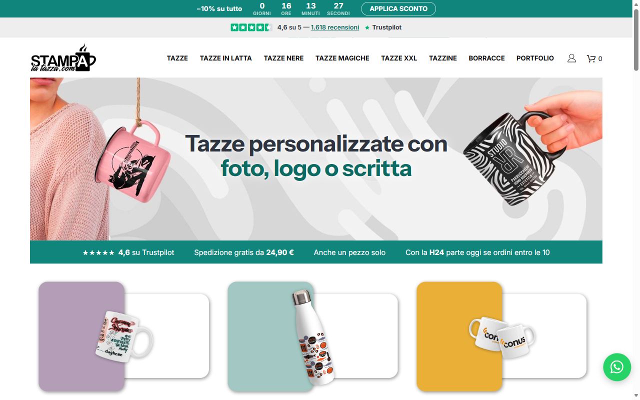 La home di StampaLaTazza.com: tazze personalizzate con foto, logo o scritta, anche un pezzo solo, lavorazione in 24 ore