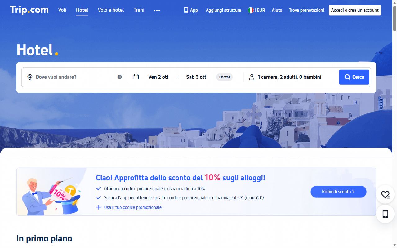 La pagina di ricerca hotel di Trip.com con il modulo per destinazione, date e camere e il codice sconto sugli alloggi