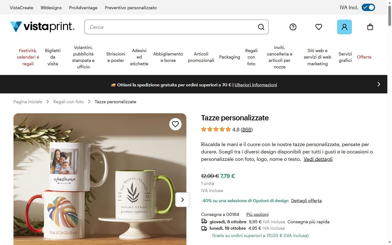 La pagina delle tazze personalizzate di Vistaprint, con le tazze in ceramica con foto, manico e interno colorati