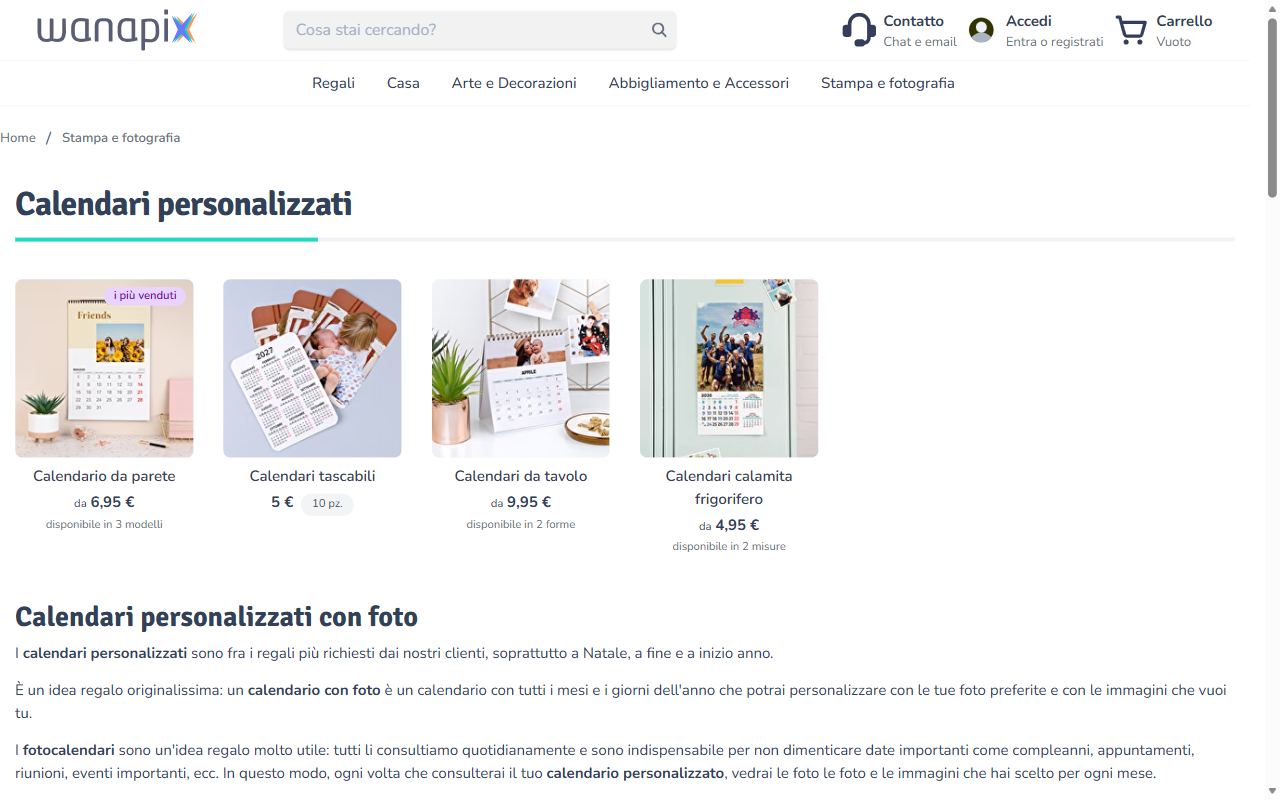 La pagina dei calendari personalizzati 2027 di Wanapix: da parete, tascabili, da tavolo e calamita