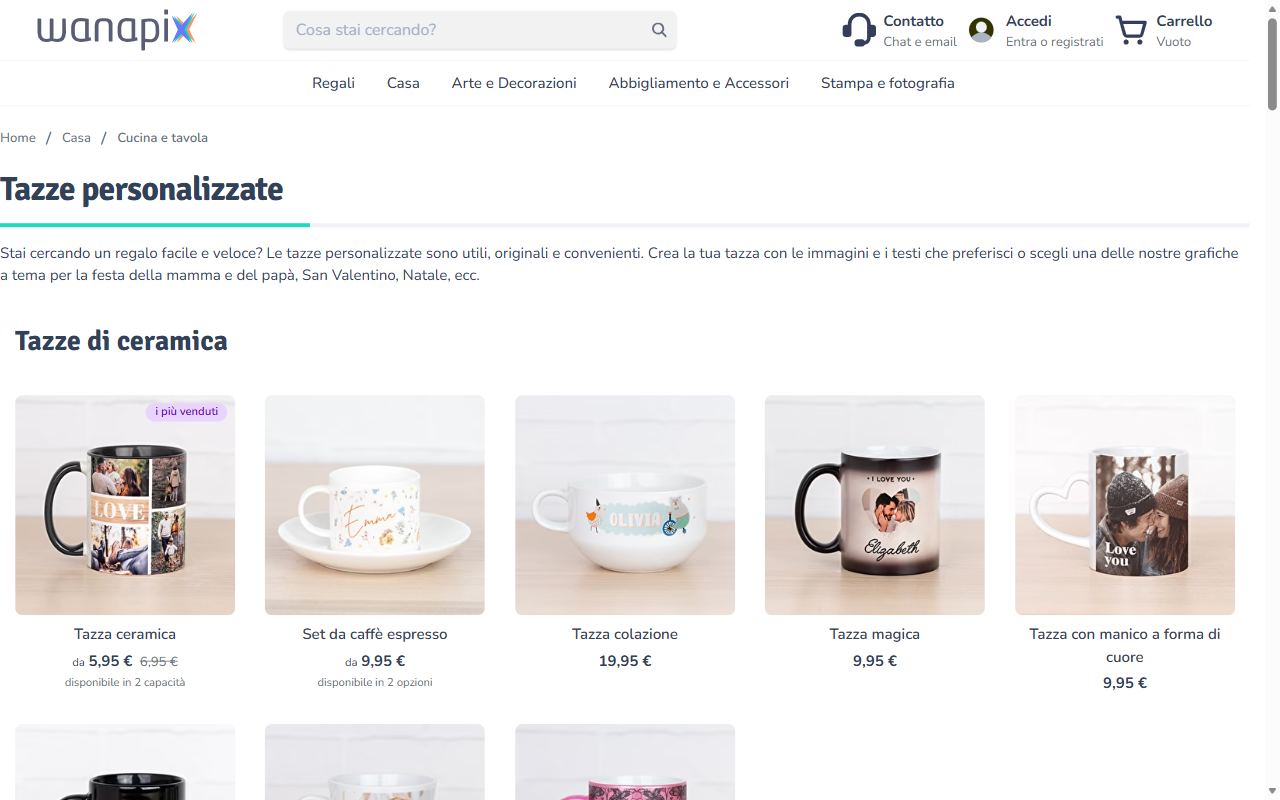 La pagina delle tazze personalizzate di Wanapix: tazza in ceramica, set da caffè, tazza colazione, tazza magica e tazza con manico a cuore
