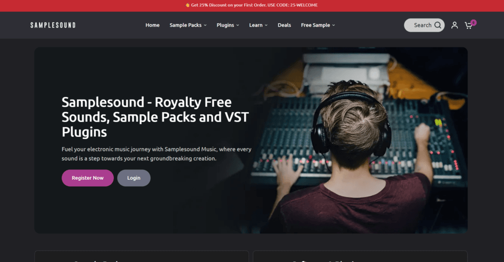 Homepage di Sample Sound con i pacchetti di sample per musica elettronica