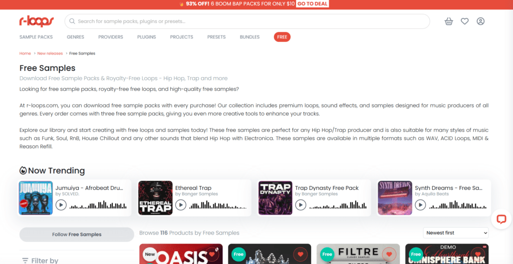Sezione free del portale R-Loops con i pacchetti per hip hop e trap