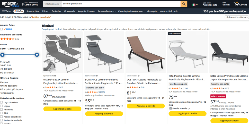 Lettino prendisole Amazon