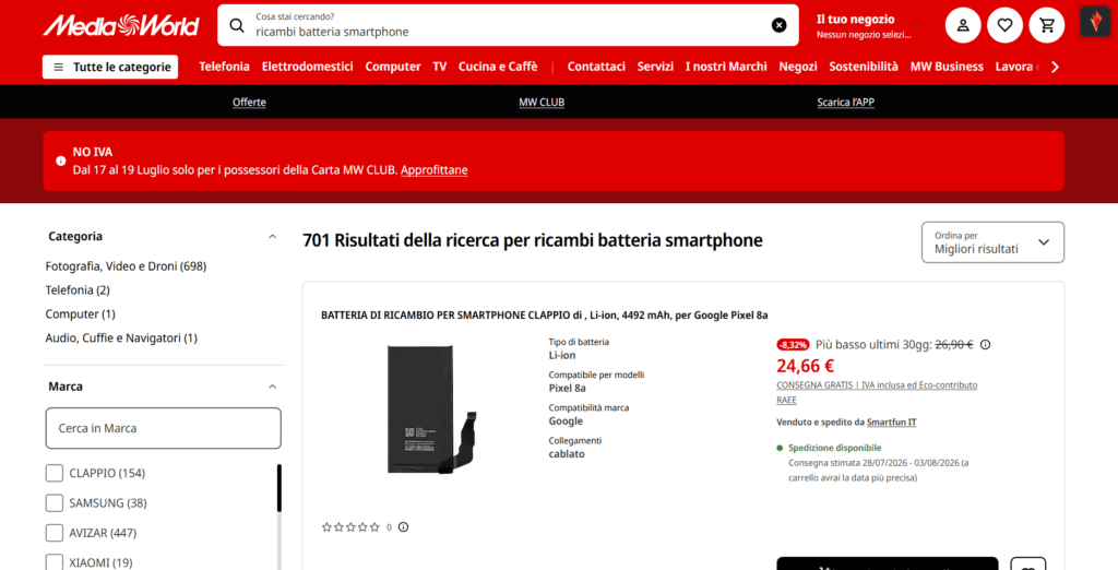 Mediaworld batterie smartphone