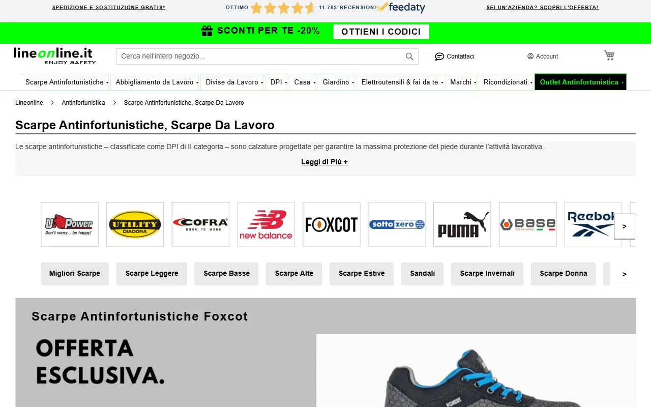 Categoria scarpe antinfortunistiche sul negozio online Lineonline, con filtri per marca e taglia