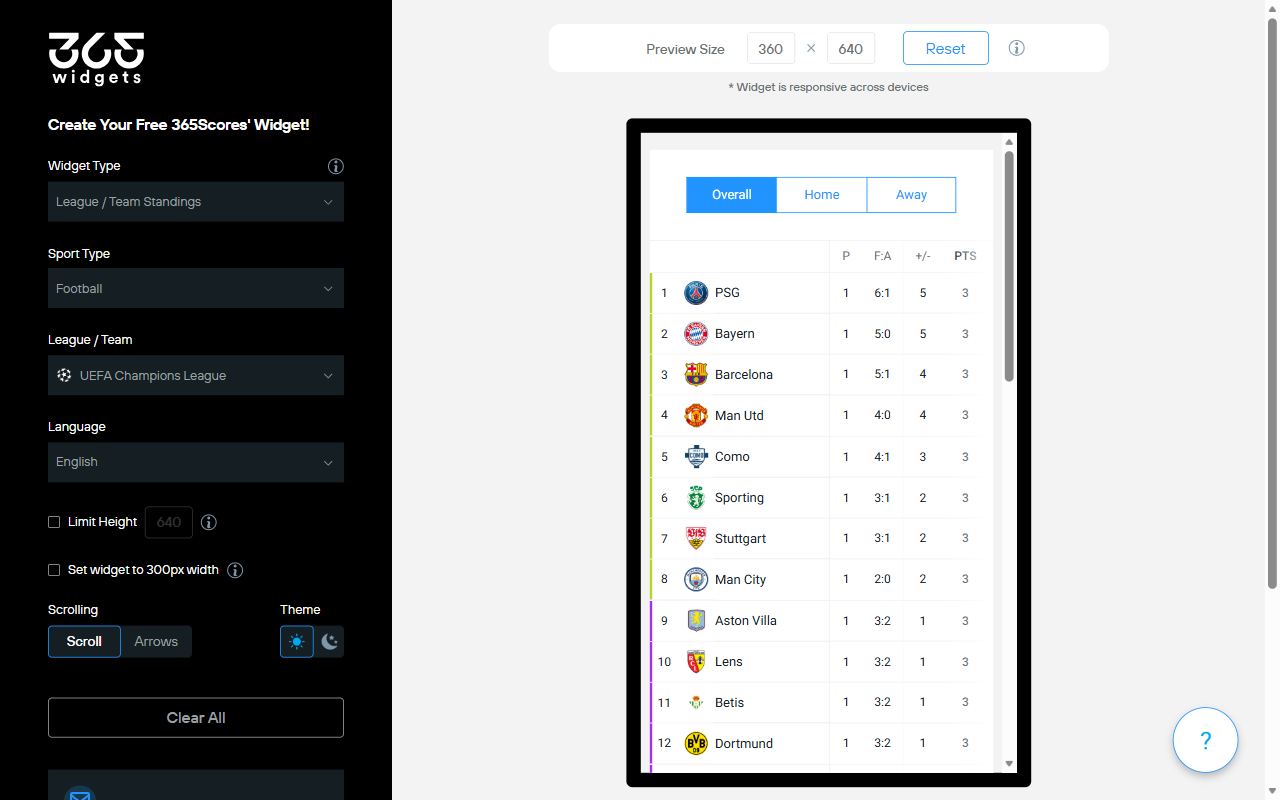 Il generatore di widget di 365Scores con la classifica della Champions League e le opzioni di lingua, tema e altezza