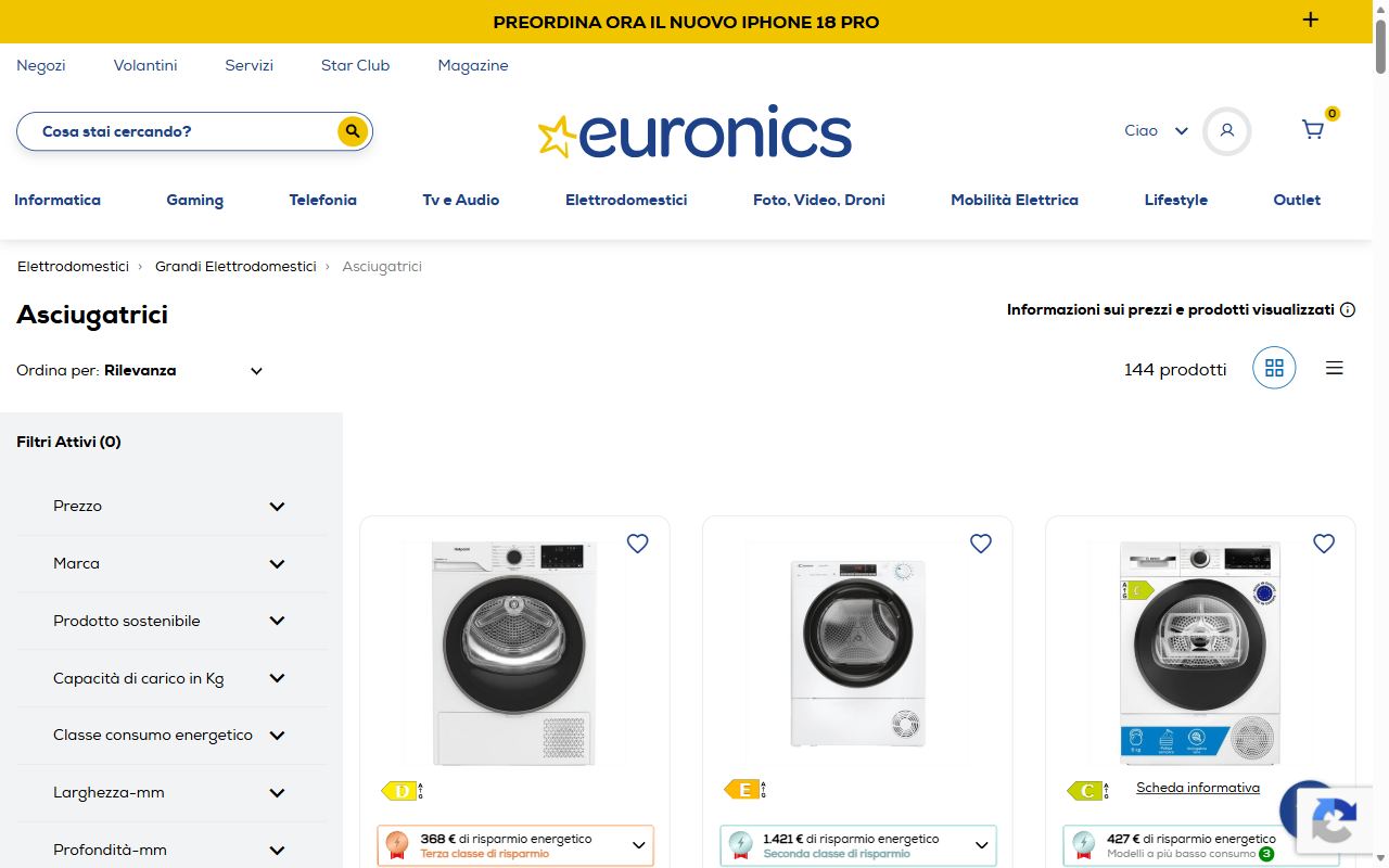 La categoria asciugatrici di Euronics con i modelli a pompa di calore in offerta
