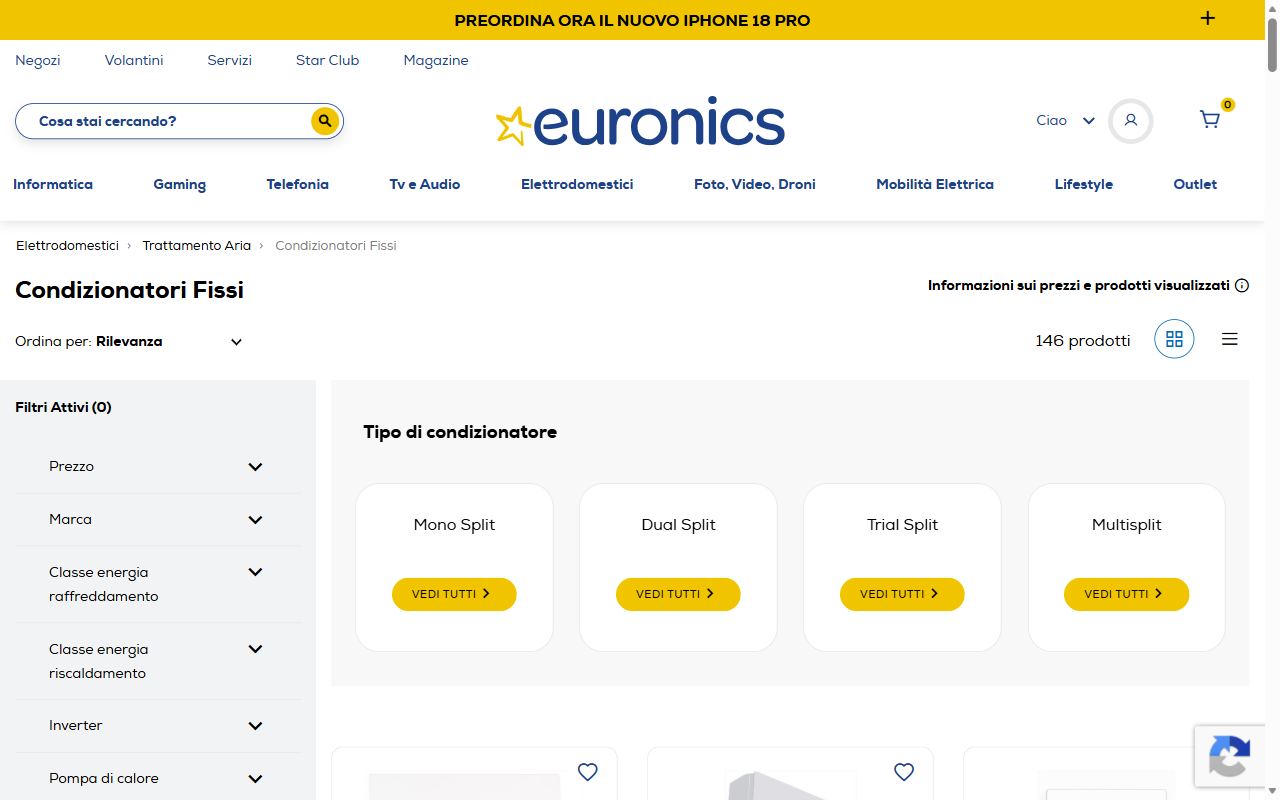 La categoria condizionatori fissi di Euronics con i modelli in offerta