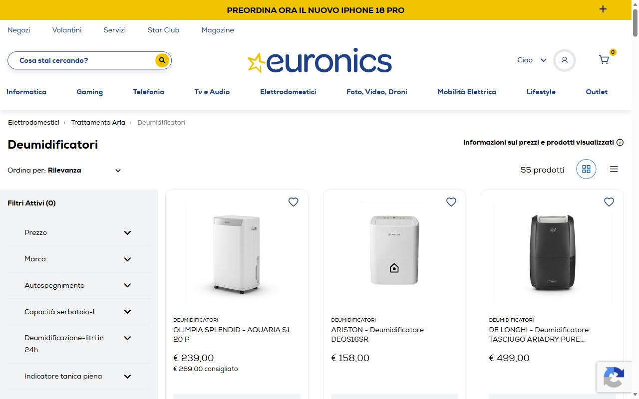 La categoria deumidificatori di Euronics con i modelli De'Longhi, Argo e Beko