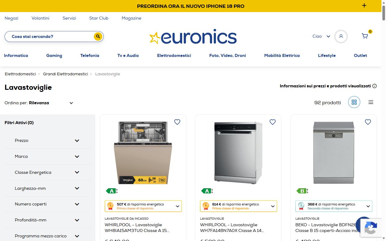 La categoria lavastoviglie di Euronics con i modelli in offerta