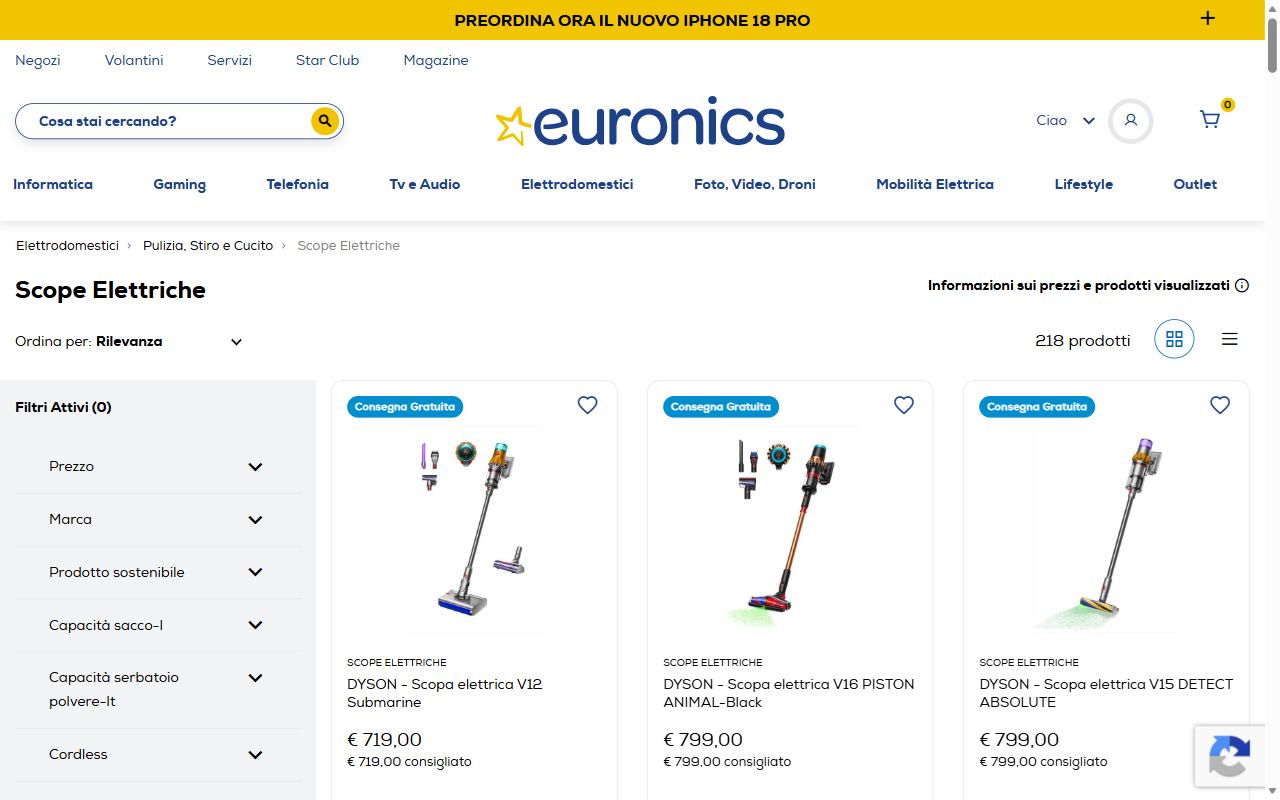 La sezione scope elettriche di Euronics con i modelli in offerta