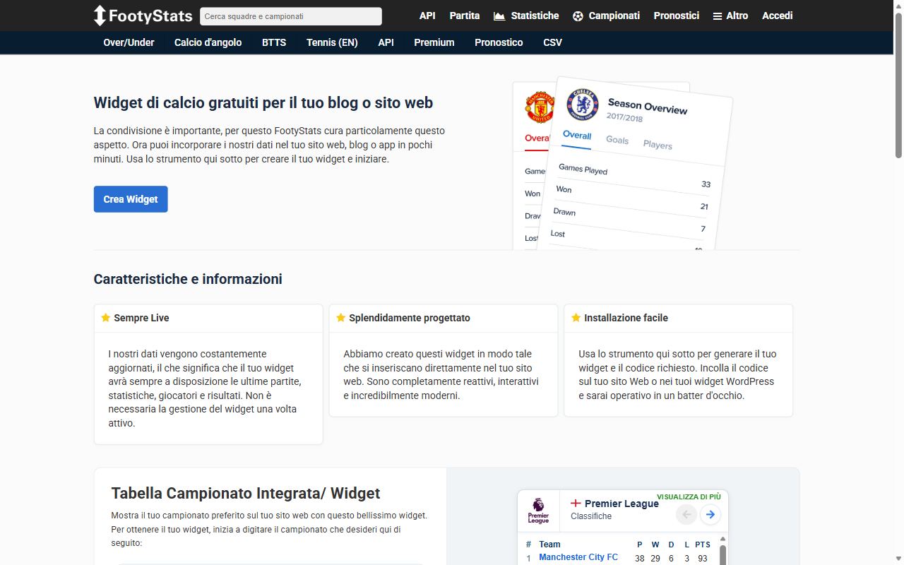 La pagina degli embed di FootyStats con la tabella del campionato e il selettore dei campionati