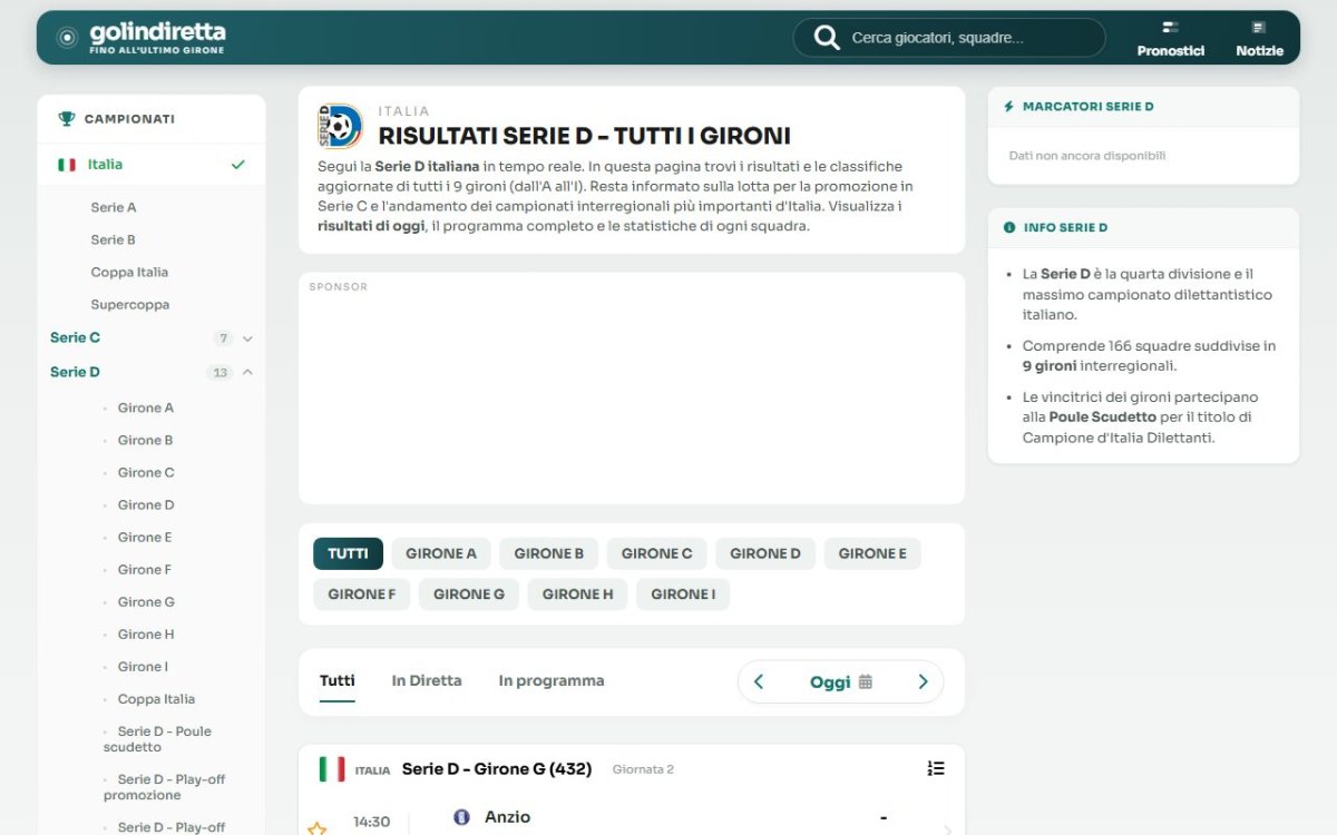 La pagina Serie D di golindiretta.it con i risultati dei nove gironi
