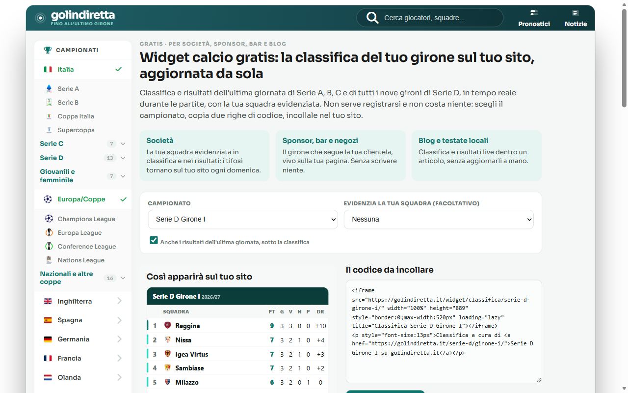 La pagina del widget di GolInDiretta con il menu dei campionati, la squadra da evidenziare e l'anteprima della classifica di Serie D girone I