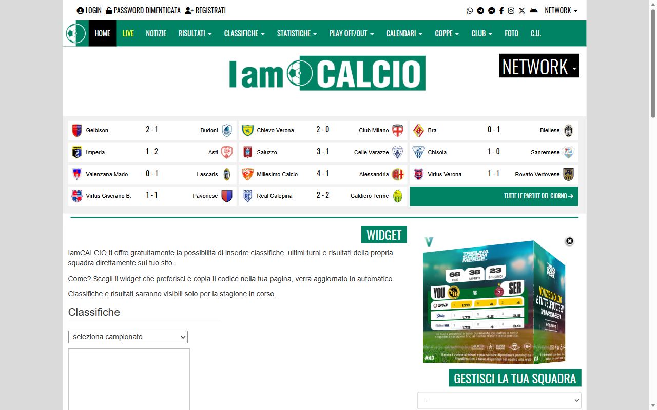 La pagina widget di IamCalcio con i menu a tendina per classifiche, ultimi risultati e squadra