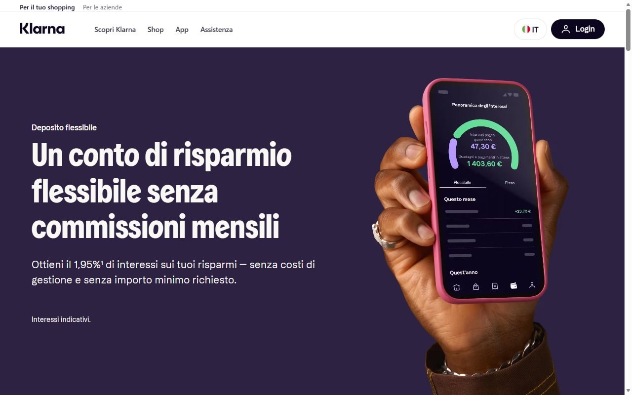 Pagina italiana del Conto Flex di Klarna con il tasso dell'1,95% indicativo
