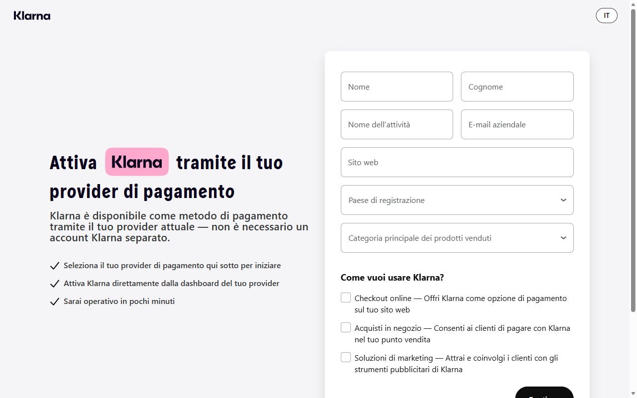 Modulo di registrazione Klarna per aziende con la scritta Attiva Klarna tramite il tuo provider di pagamento