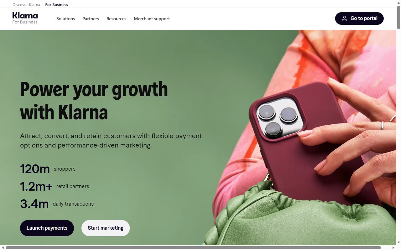 Pagina Klarna for Business con i numeri dichiarati: 120 milioni di acquirenti e 1,2 milioni di negozi partner