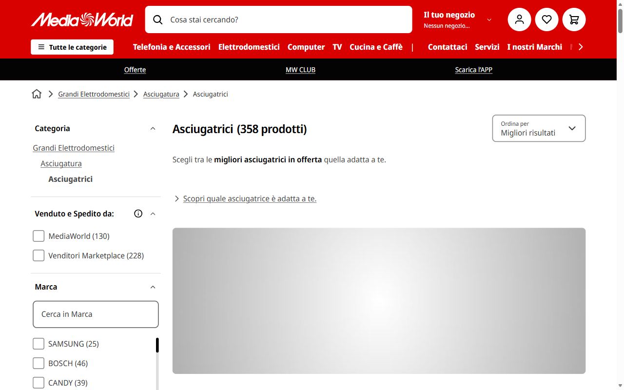 La categoria asciugatrici di MediaWorld con i filtri e le offerte del mese