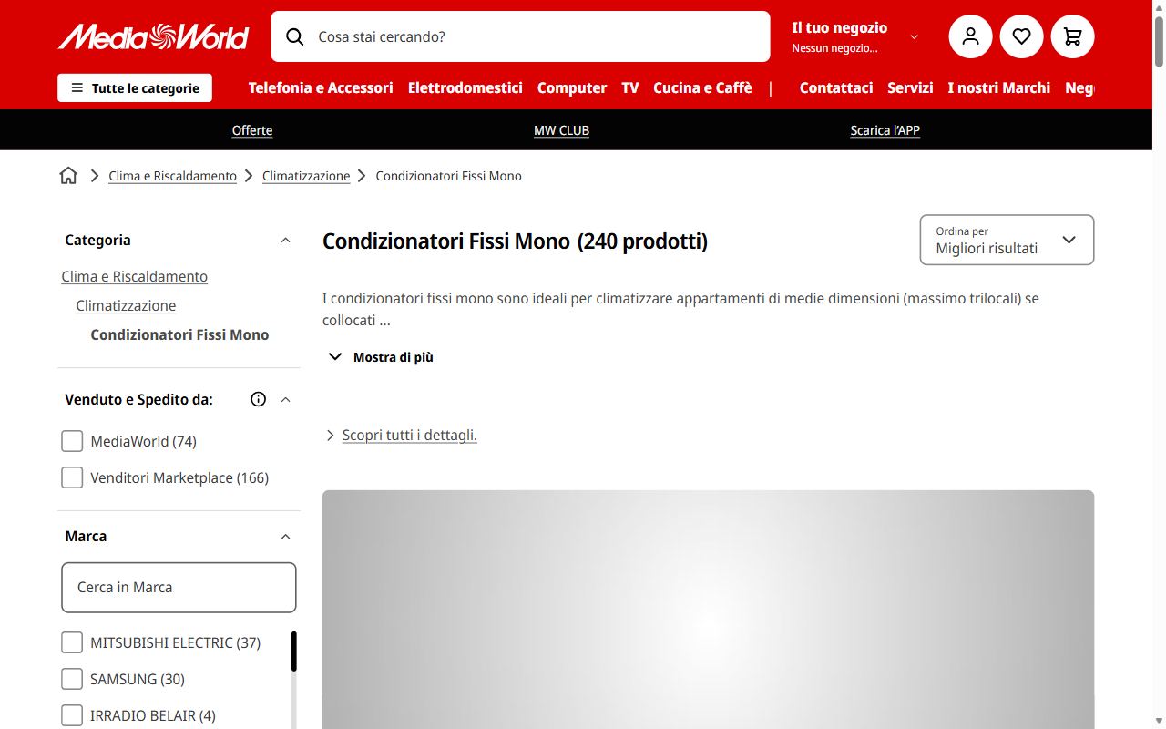 La categoria condizionatori fissi monosplit di MediaWorld con la griglia dei modelli