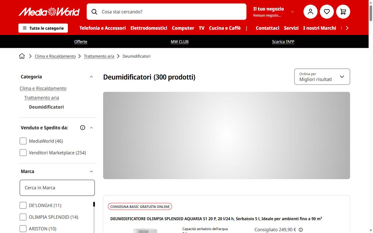 La categoria deumidificatori di MediaWorld con le offerte del mese