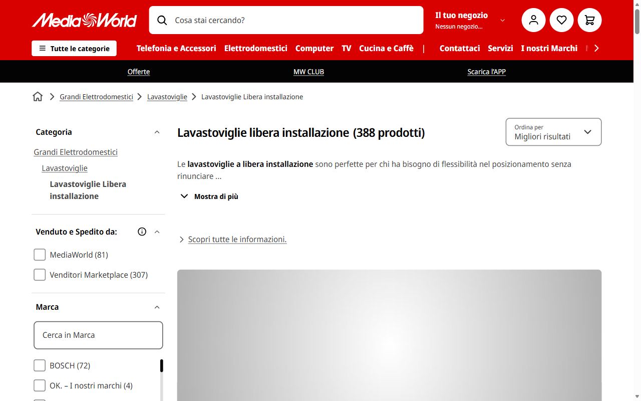 La categoria lavastoviglie a libera installazione di MediaWorld con le offerte del mese