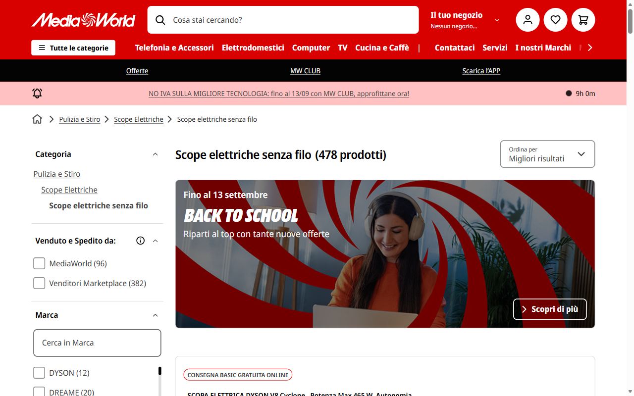 La categoria scope elettriche senza filo di MediaWorld con la griglia dei modelli