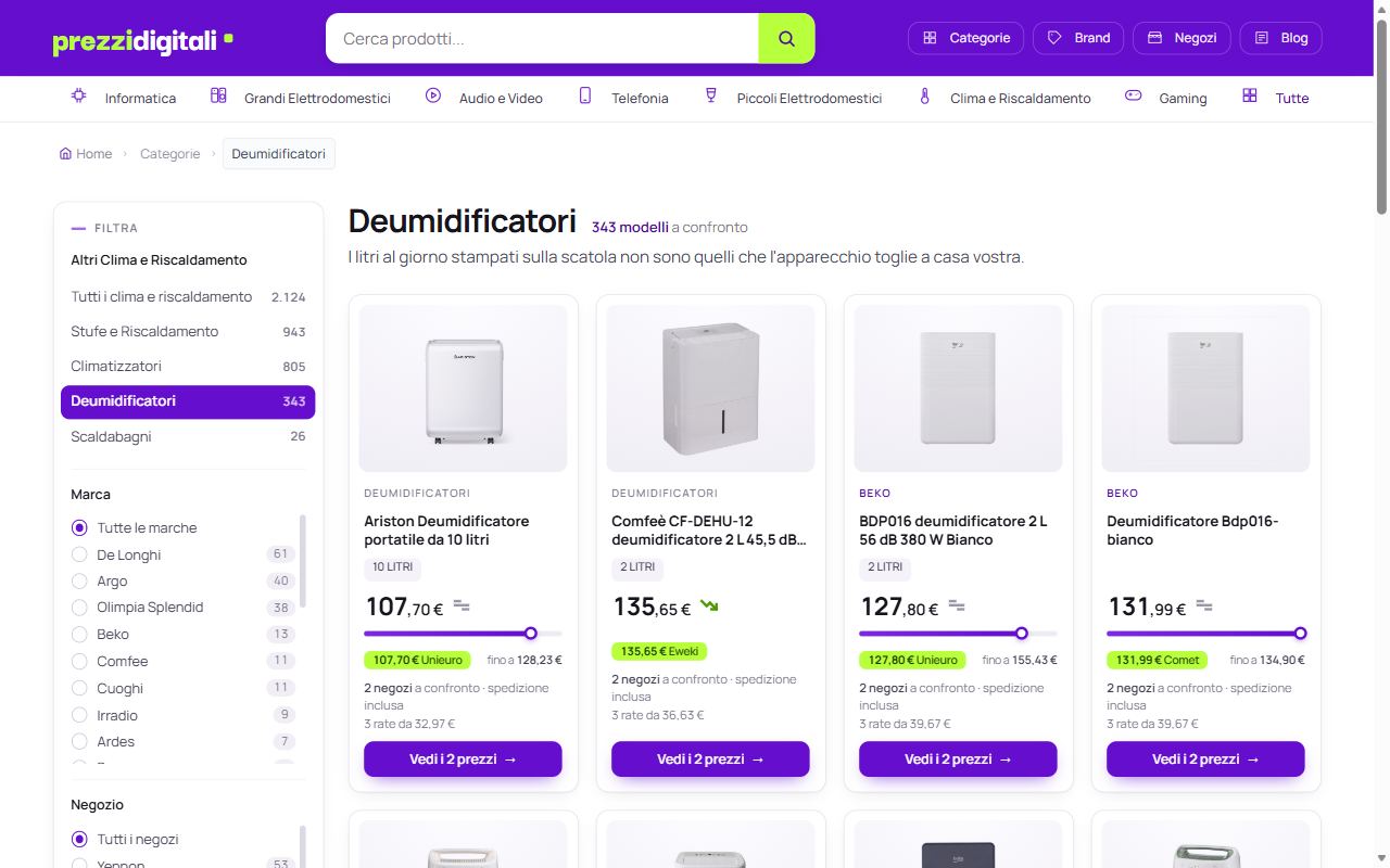 La sezione deumidificatori di PrezziDigitali con le offerte dei negozi a confronto