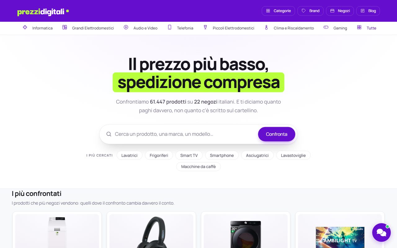 La sezione frigoriferi di PrezziDigitali con le offerte dei negozi a confronto