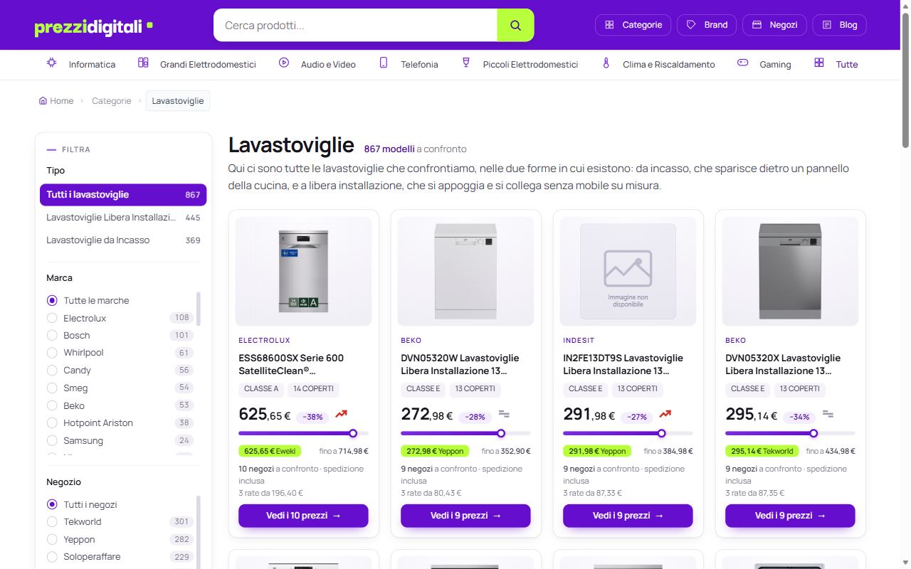 La sezione lavastoviglie di PrezziDigitali con le offerte dei negozi a confronto