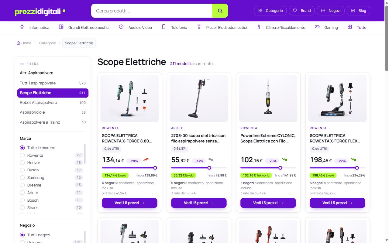 La sezione scope elettriche di PrezziDigitali con le offerte dei negozi a confronto