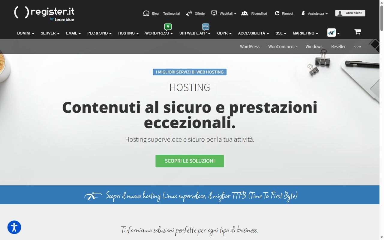 La pagina hosting di Register.it con le offerte Hosting Linux, Hosting WordPress e Micro Hosting