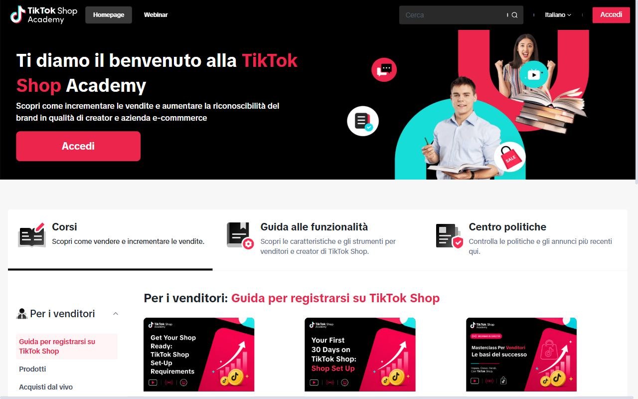 Home della TikTok Shop Academy in italiano con la guida per registrarsi su TikTok Shop per i venditori