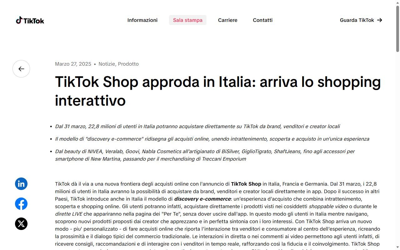 Comunicato ufficiale di TikTok del 27 marzo 2025 che annuncia l'arrivo di TikTok Shop in Italia dal 31 marzo