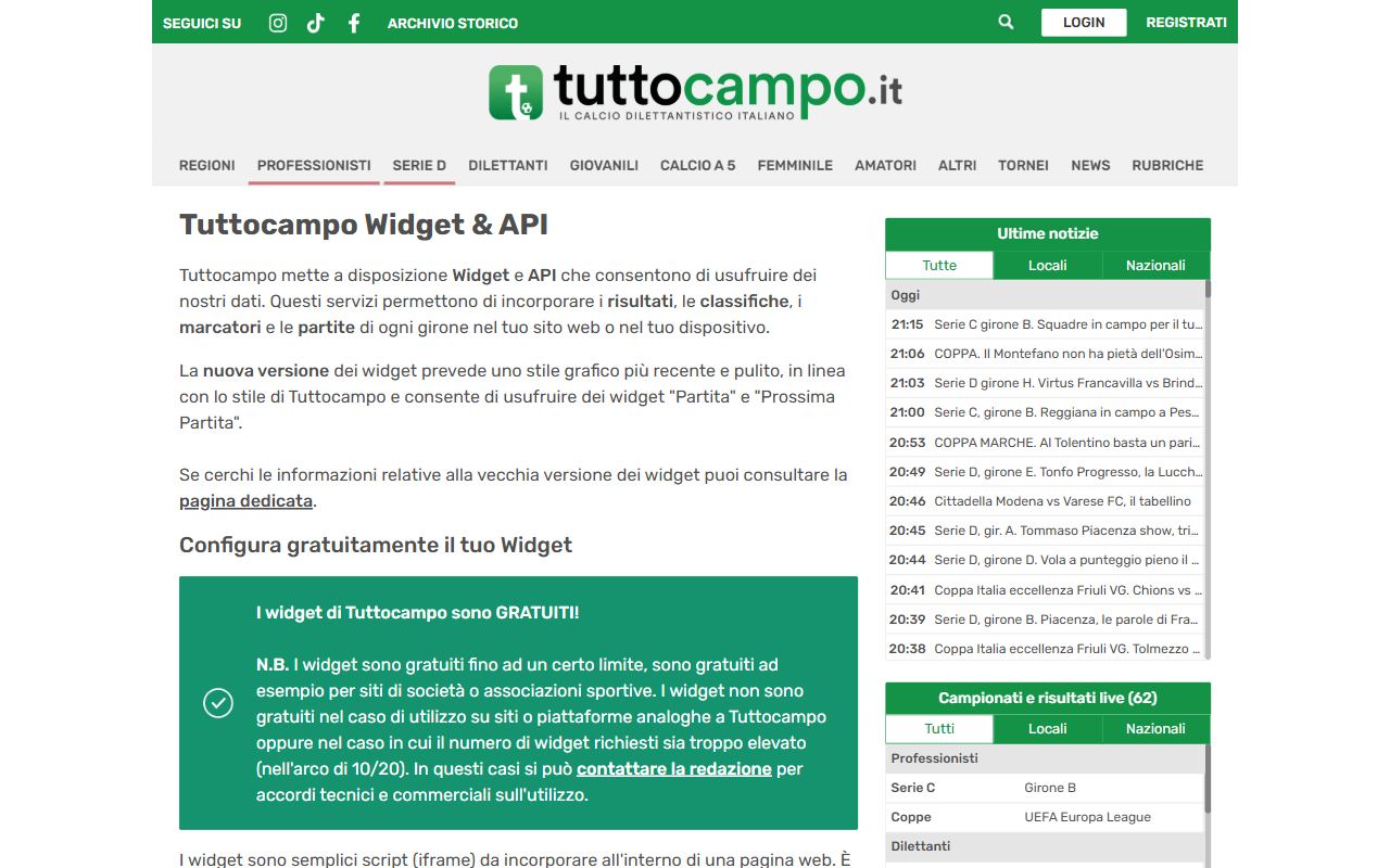 La pagina Widget e API di Tuttocampo con le condizioni d'uso e gli esempi di codice iframe