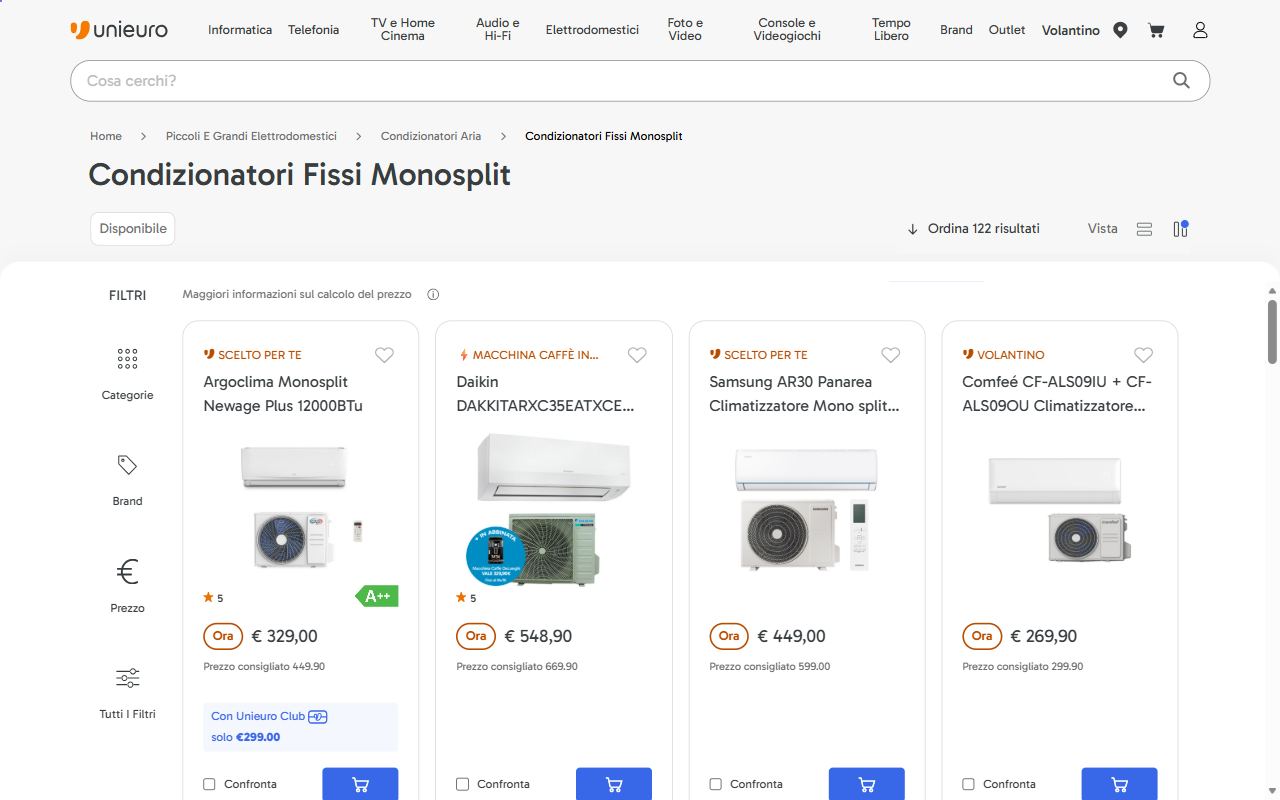 La categoria condizionatori fissi monosplit di Unieuro con i filtri per BTU e classe energetica