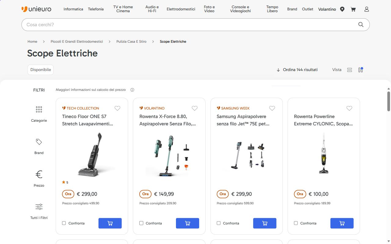 La categoria scope elettriche di Unieuro con i filtri per marca e caratteristiche