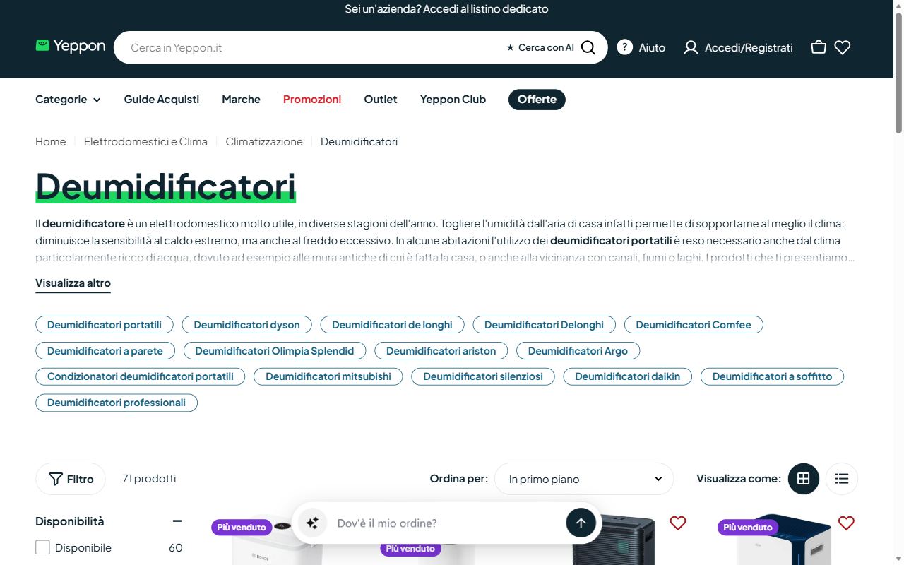 La collezione deumidificatori di Yeppon con i modelli Argo, De'Longhi e Comfeè